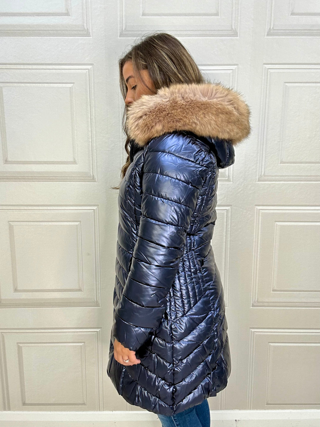 Martha Long Puffer Jacket with Fur On Hood Navy