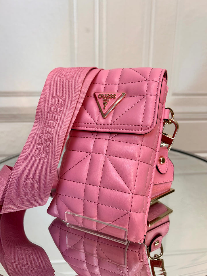 Guess Latona Pink Quilted Chit Chat Crossbody Bag