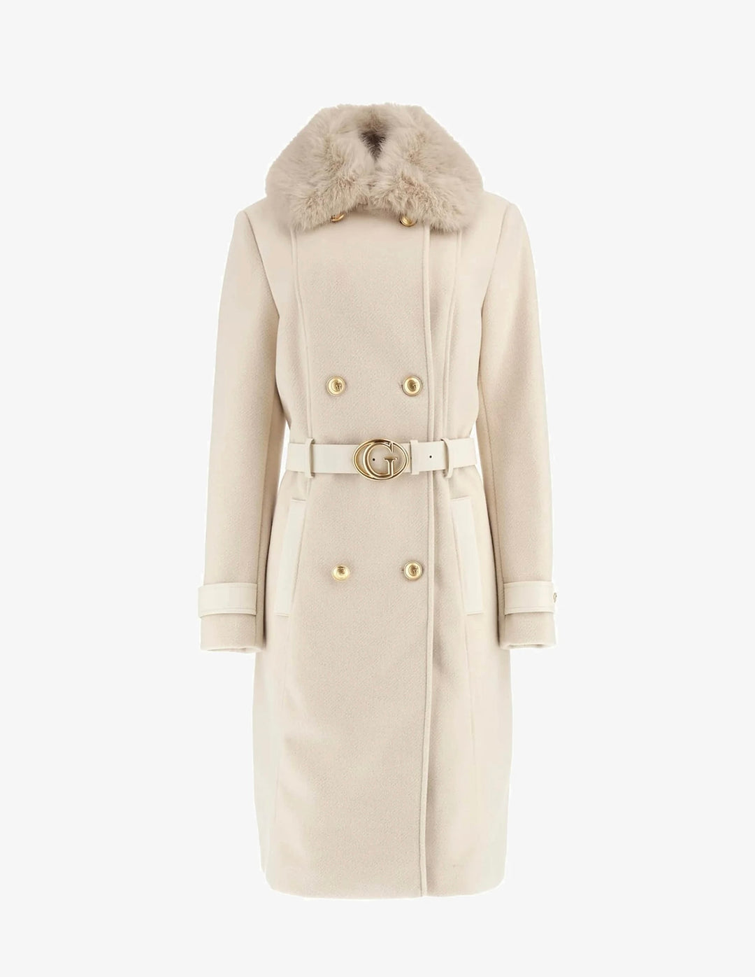 Guess Amelia Beige Faux Fur Collar Coat