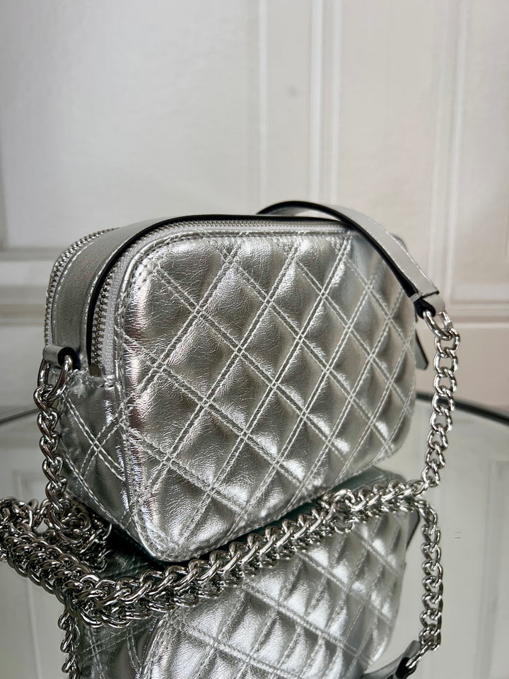 Guess Giully Silver Quilted Mini Camera Crossbody Bag