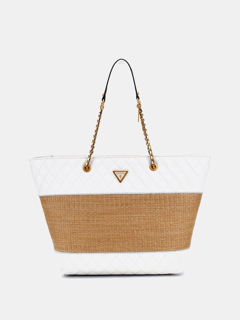 Guess Delfa Natural White Quilted Raffia Tote Bag