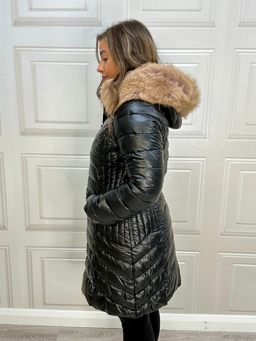 Martha Long Puffer Jacket with Fur On Hood Black