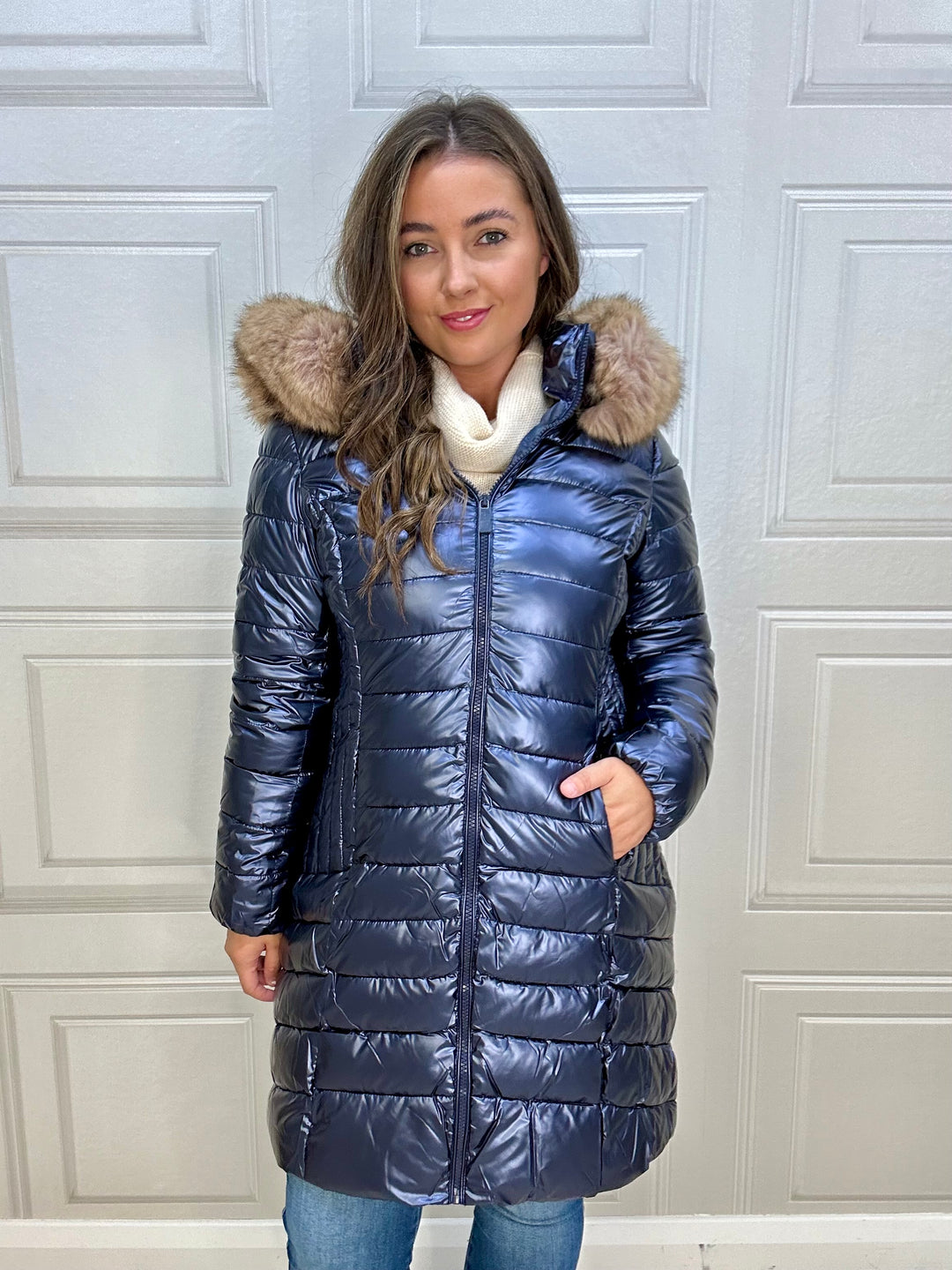 Martha Long Puffer Jacket with Fur On Hood Navy