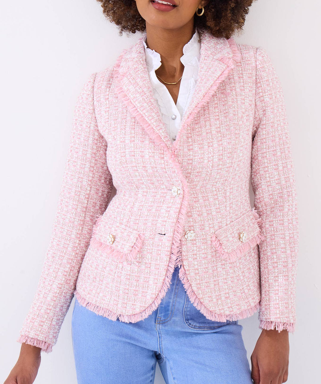 Claudette Floral Fastening Tweed Jacket: Pink