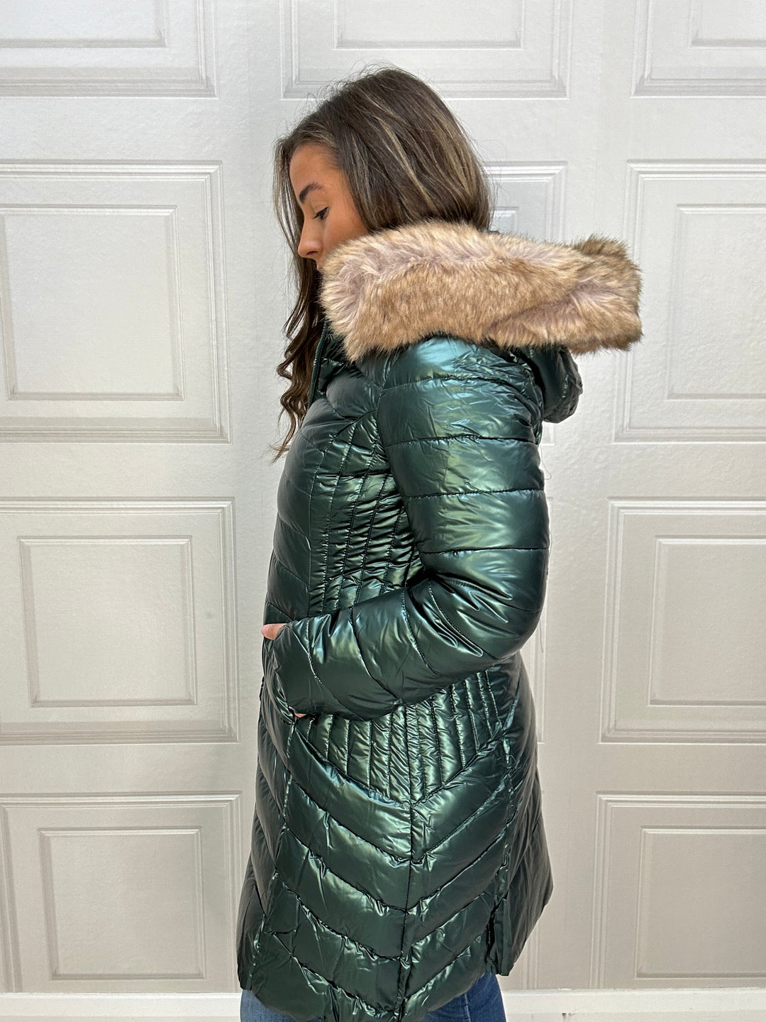 Martha Long Puffer Jacket with Fur On Hood Green