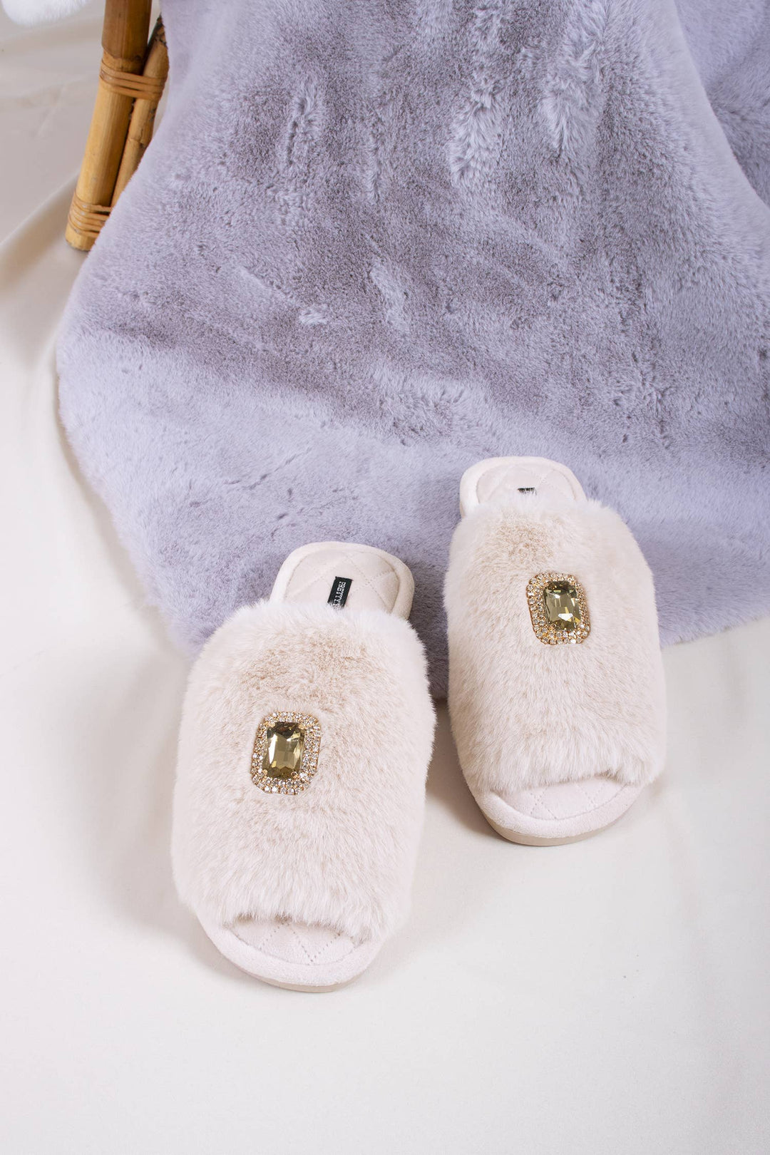 Fifi Fluffy Jewelled Slipper in Powder Puff: Powder Puff / L = UK 7-8 / EU 40-41 / US 9-10