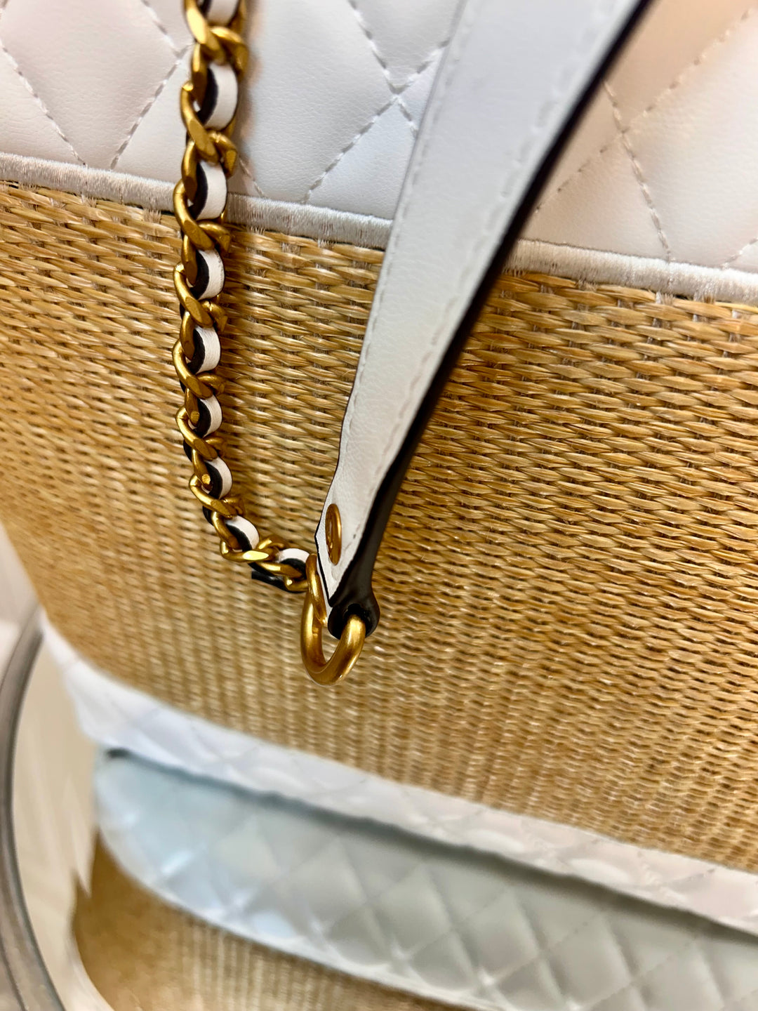 Guess Delfa Natural White Quilted Raffia Tote Bag