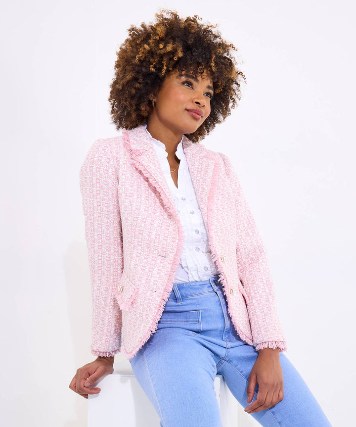 Claudette Floral Fastening Tweed Jacket: Pink