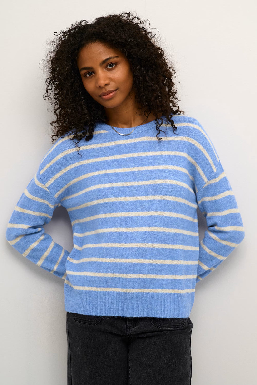 Kaffe KAlida Blue Melange/Beige Stripe Knit Pullover