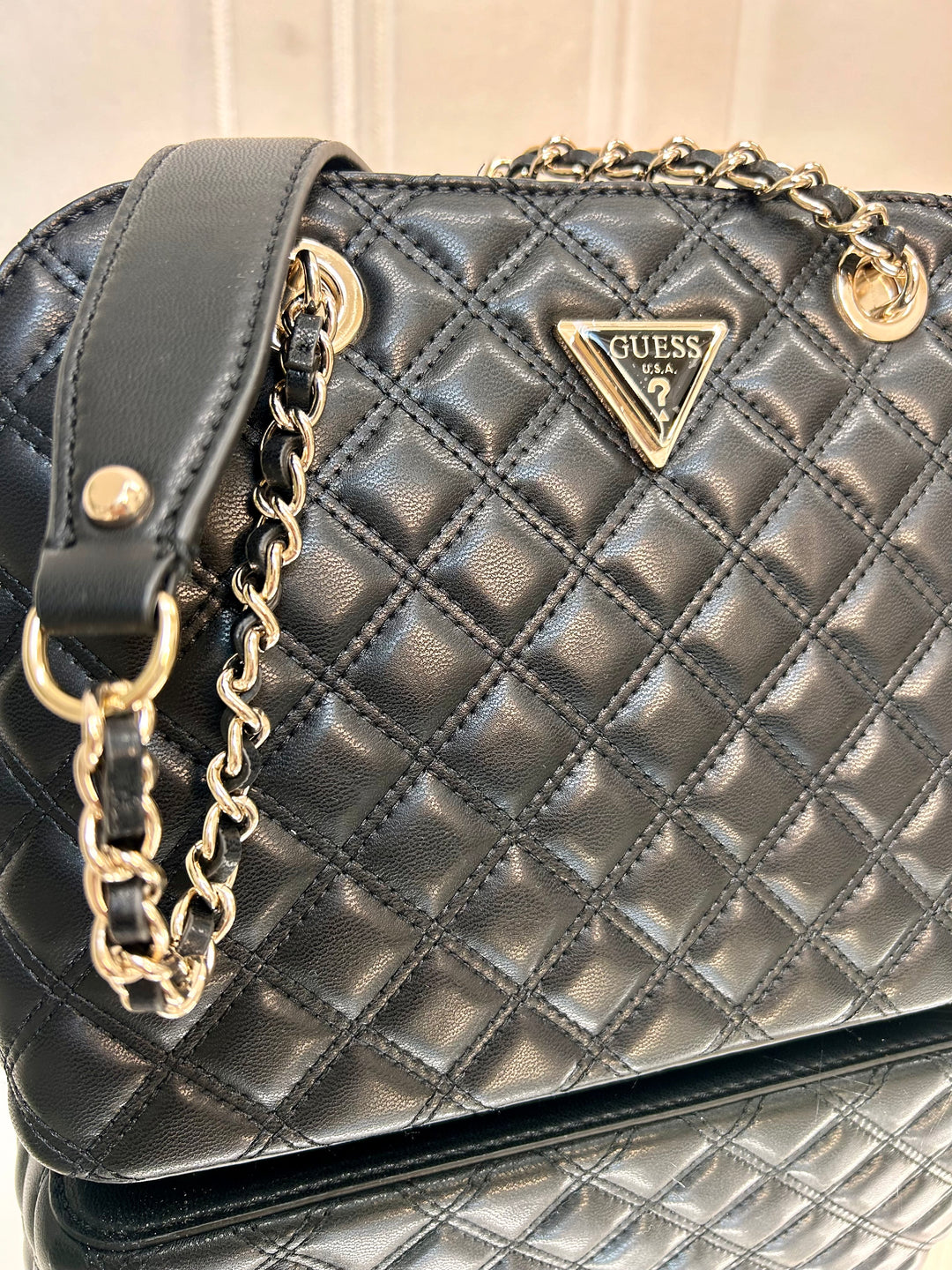 Guess Giully Black Quilted Dome Satchel Bag