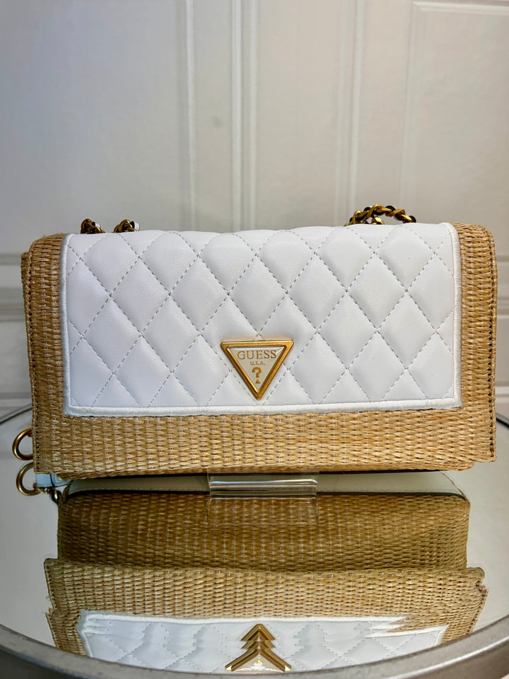 Guess Delfa Natural White Quilted Raffia Crossbody Bag