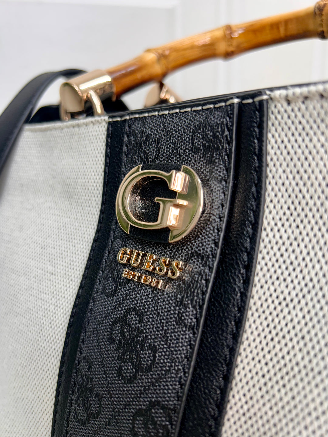 Guess Kerima Natural Coal 4G Logo Bamboo Tote Bag