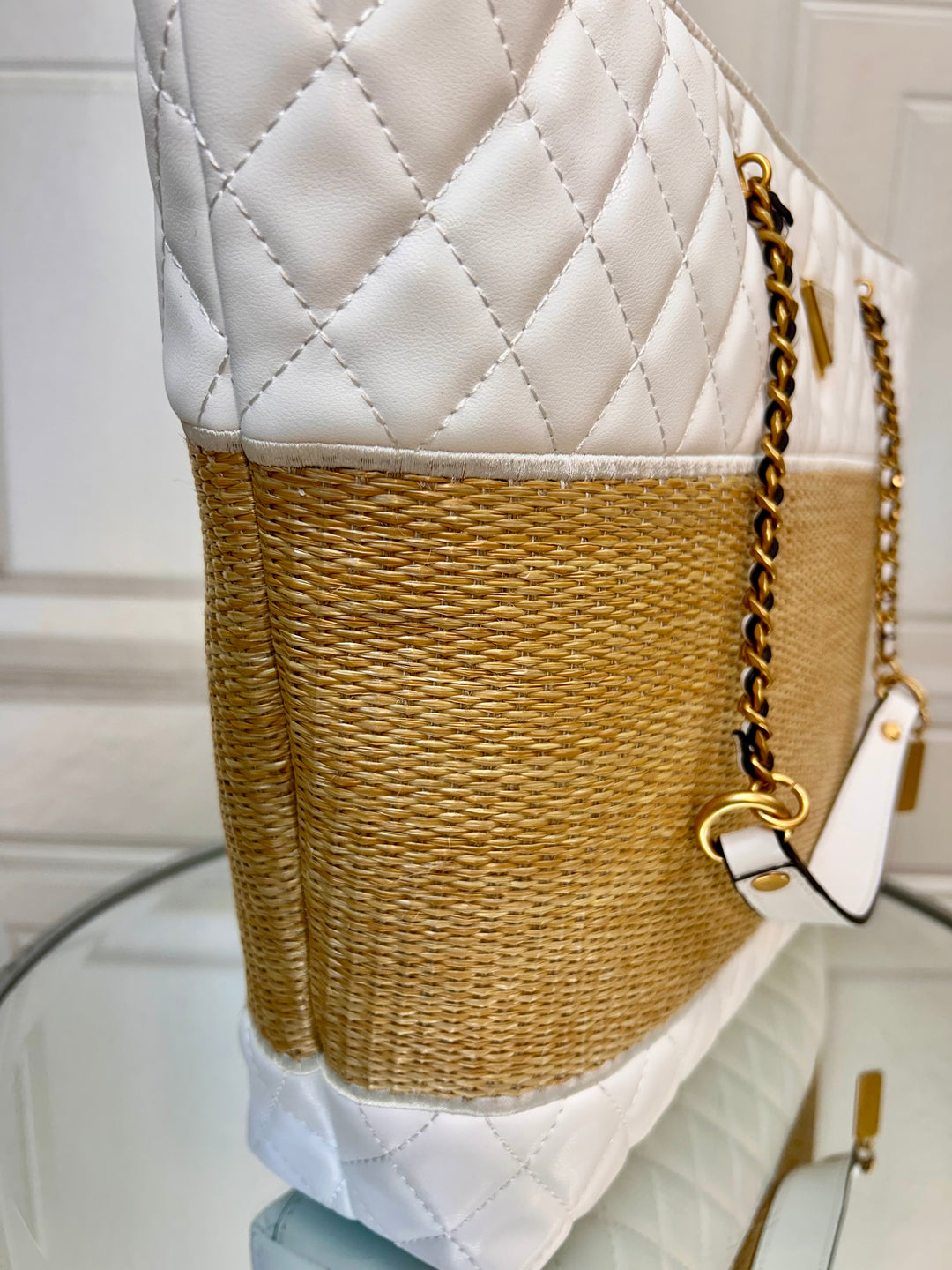 Guess Delfa Natural White Quilted Raffia Tote Bag