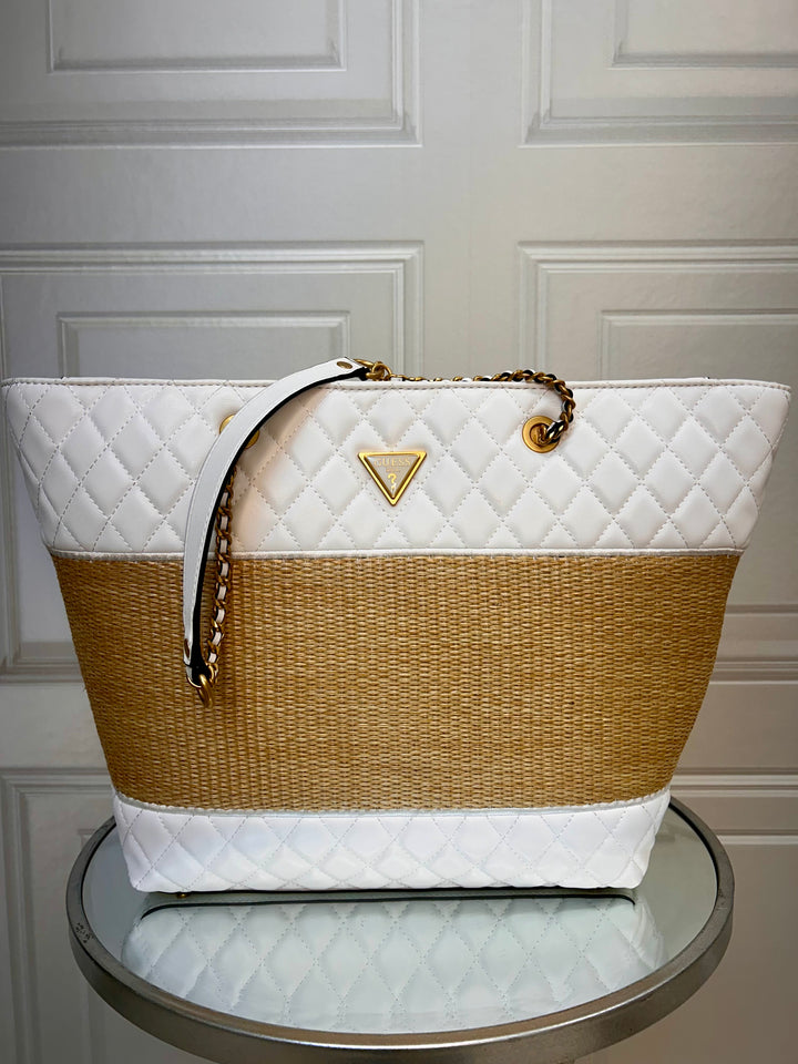 Guess Delfa Natural White Quilted Raffia Tote Bag