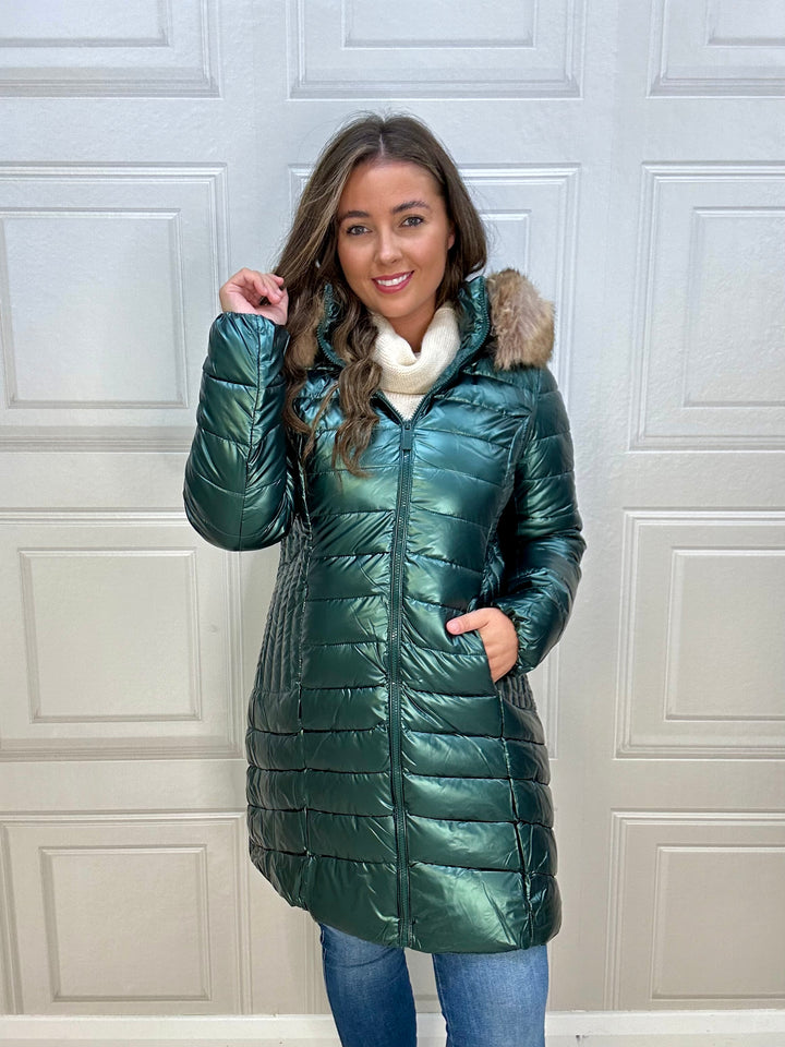 Martha Long Puffer Jacket with Fur On Hood Green