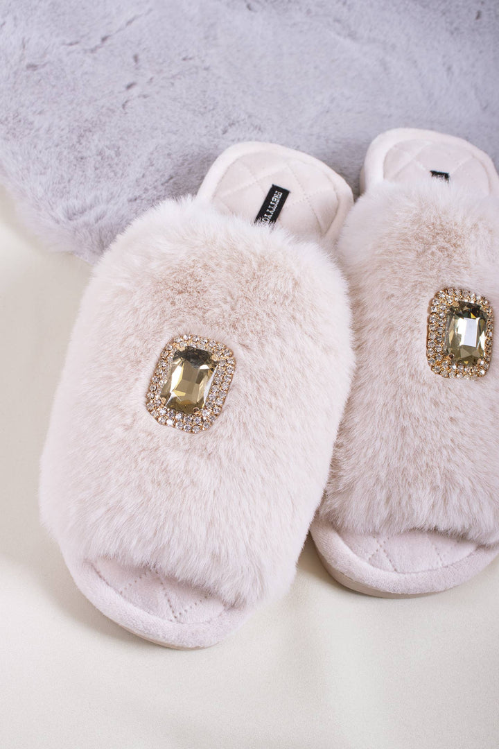 Fifi Fluffy Jewelled Slipper in Powder Puff: Powder Puff / S = UK 3-4 / EU 36-37 / US 5-6