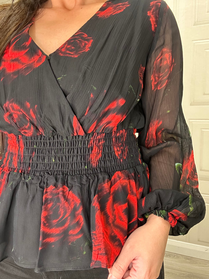 Guess Black Red Rose Blouse