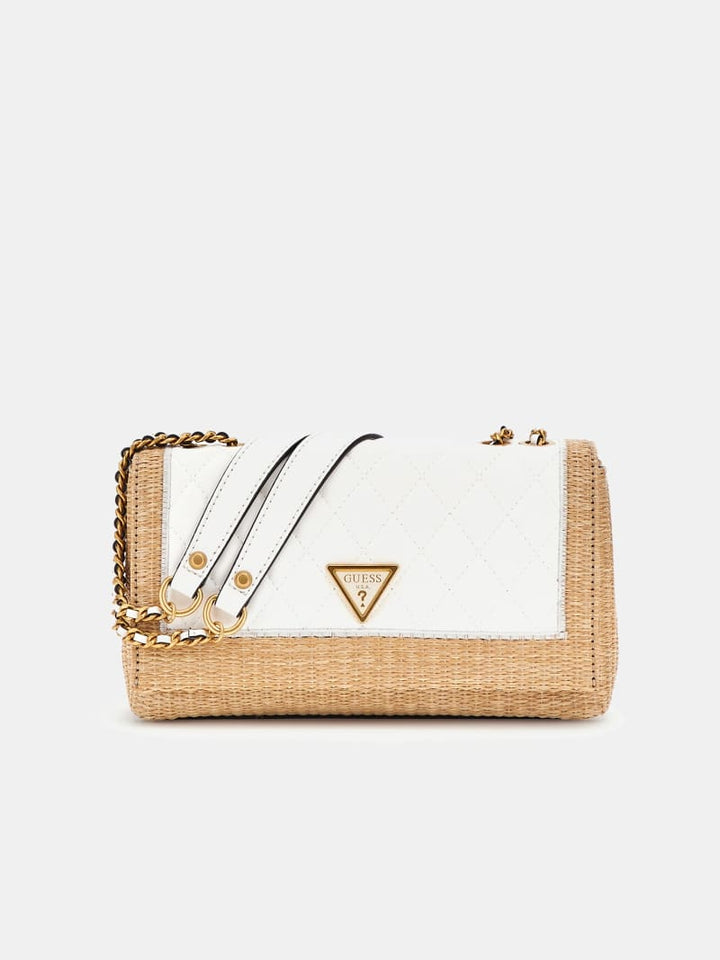 Guess Delfa Natural White Quilted Raffia Crossbody Bag