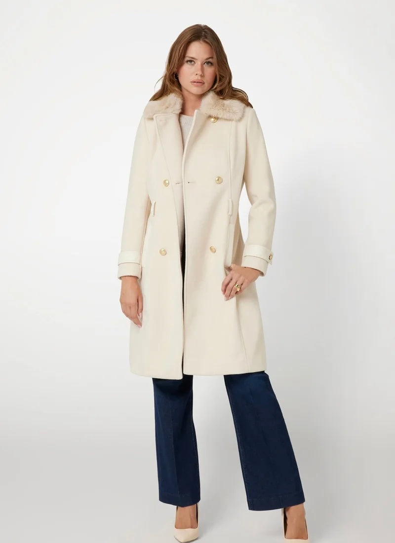 Guess Amelia Beige Faux Fur Collar Coat