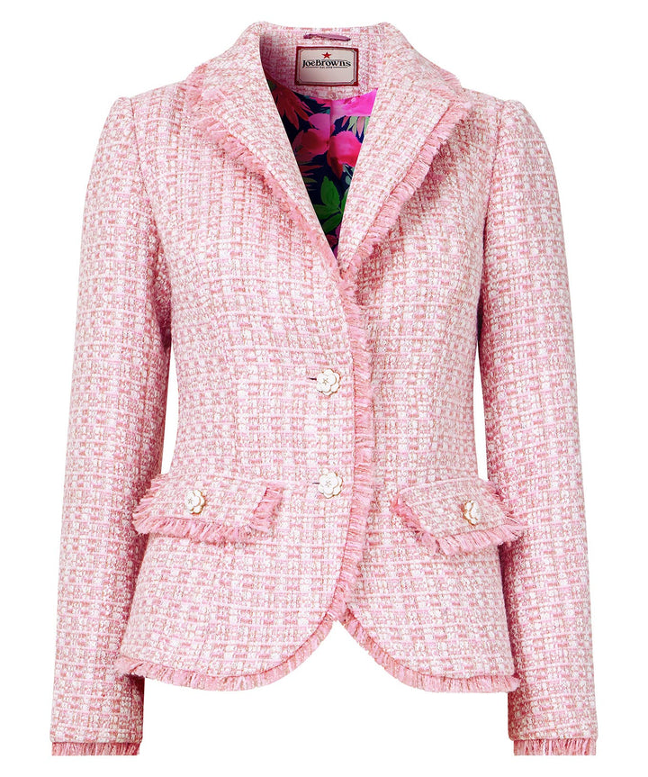 Claudette Floral Fastening Tweed Jacket: Pink