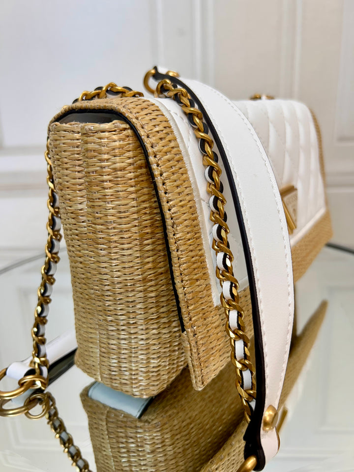 Guess Delfa Natural White Quilted Raffia Crossbody Bag