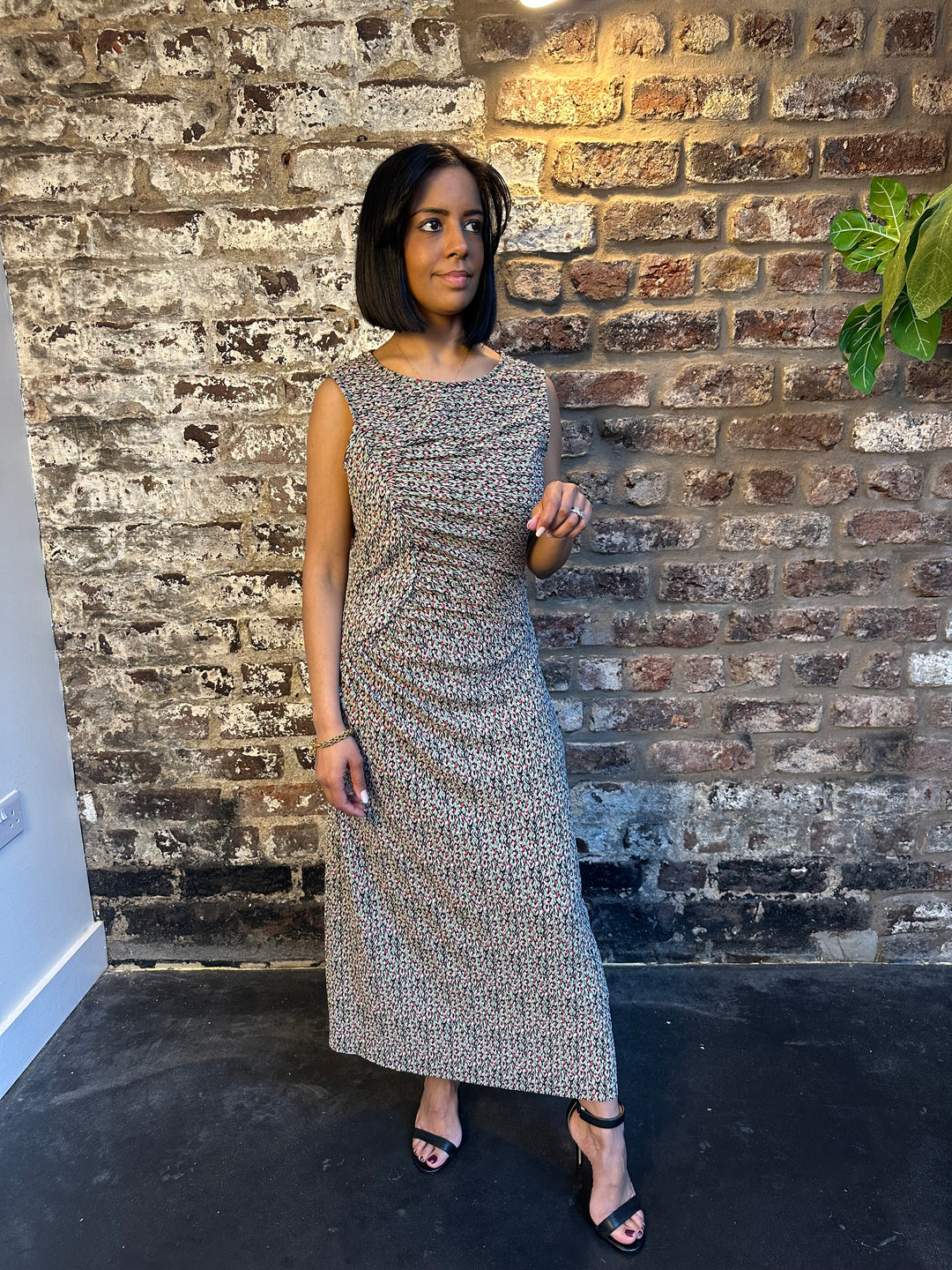 French Connection Shannon Runched Midi Dress Navy Multi