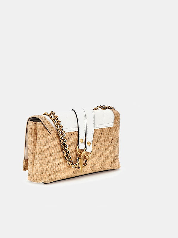 Guess Delfa Natural White Quilted Raffia Crossbody Bag