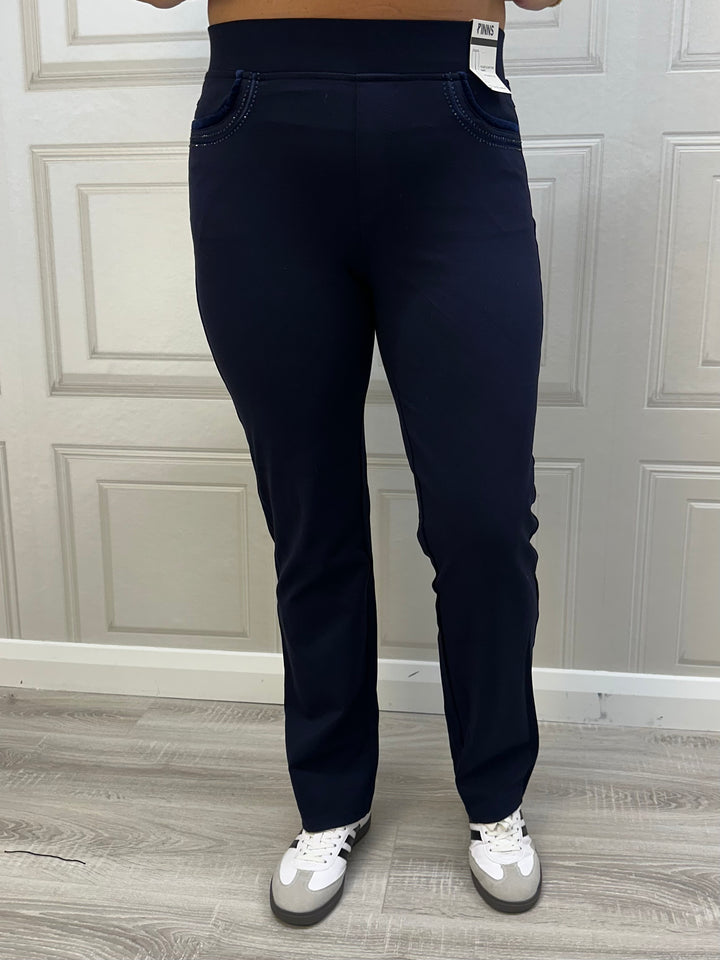 Pinns 405T Ponte Navy Trouser With Crystal/Velvet Pocket Detail