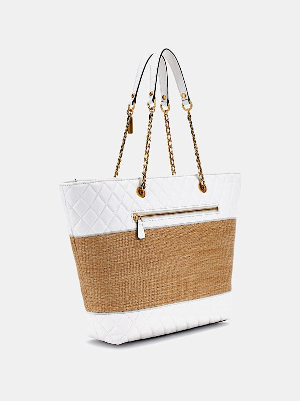 Guess Delfa Natural White Quilted Raffia Tote Bag