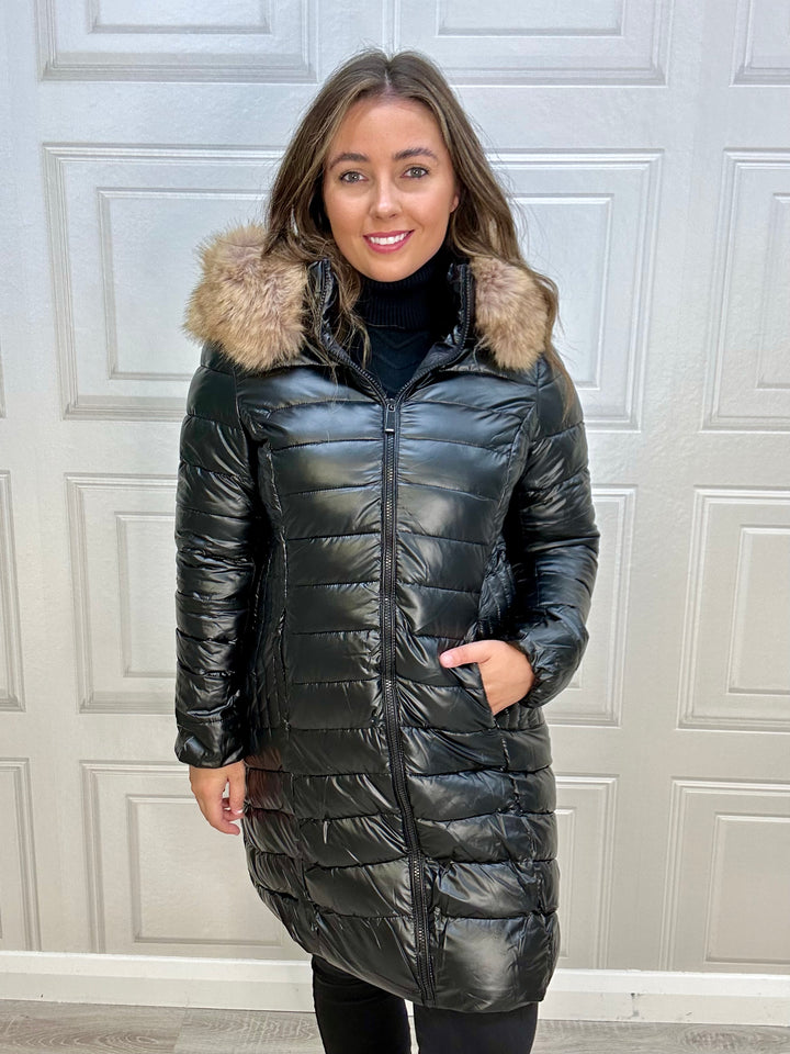 Martha Long Puffer Jacket with Fur On Hood Black