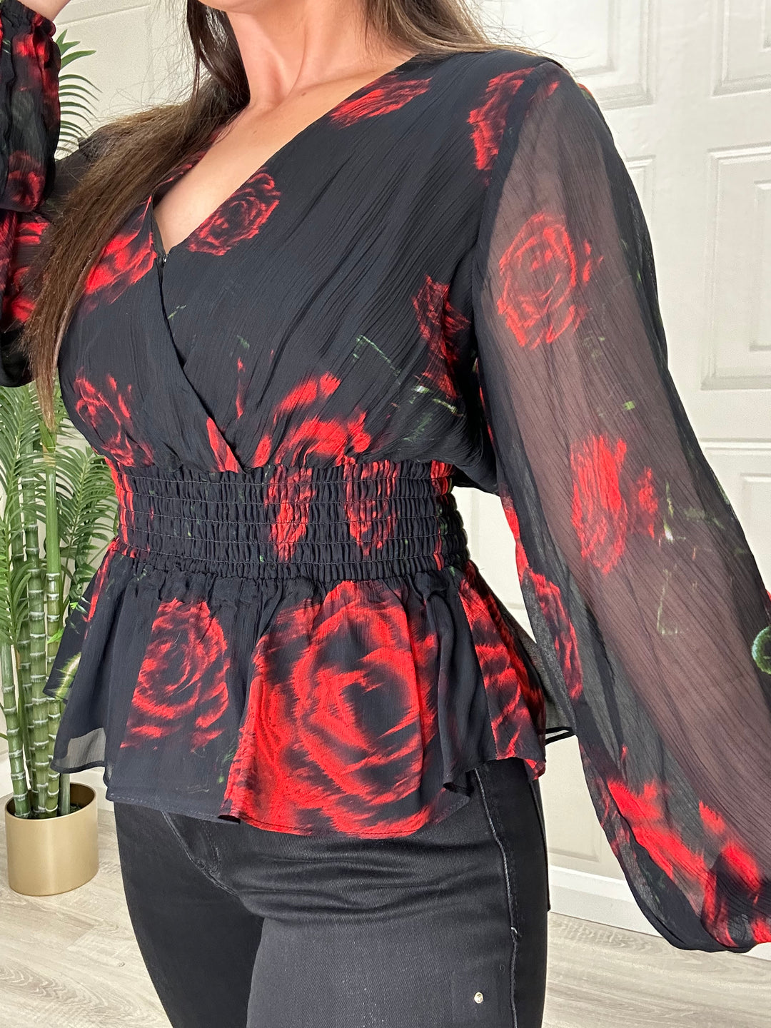 Guess Black Red Rose Blouse