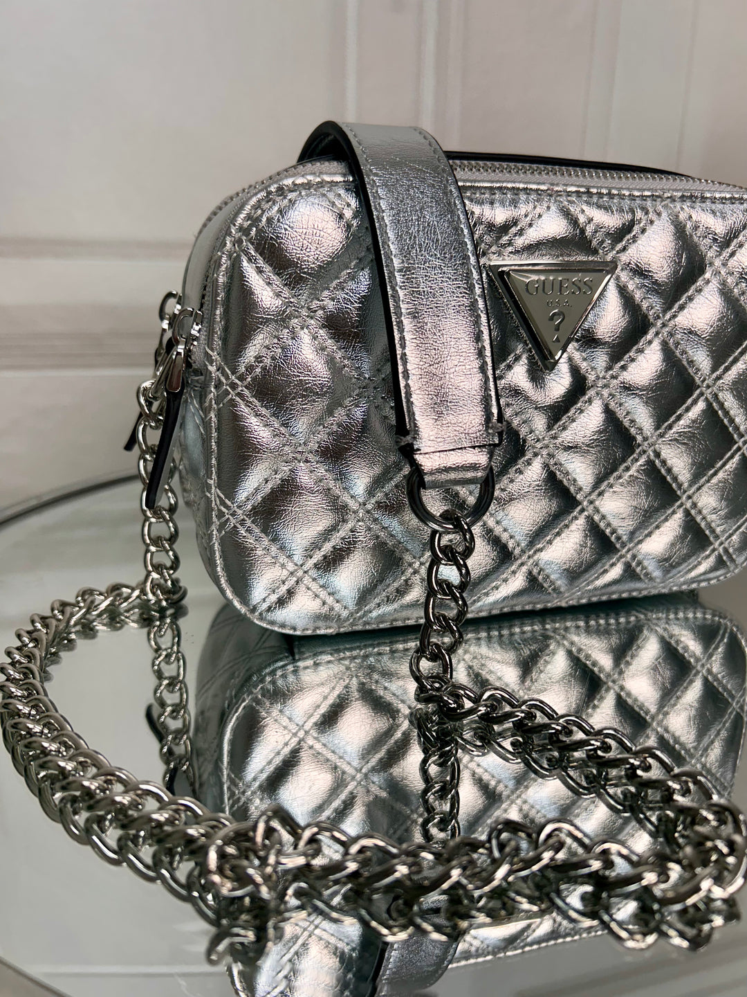 Guess Giully Silver Quilted Mini Camera Crossbody Bag