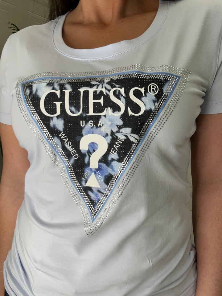 Guess Blue Floral Triangle Logo T-Shirt