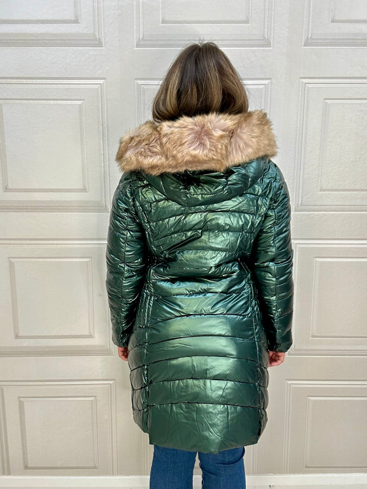 Martha Long Puffer Jacket with Fur On Hood Green