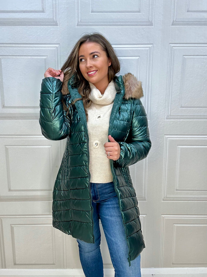 Martha Long Puffer Jacket with Fur On Hood Green