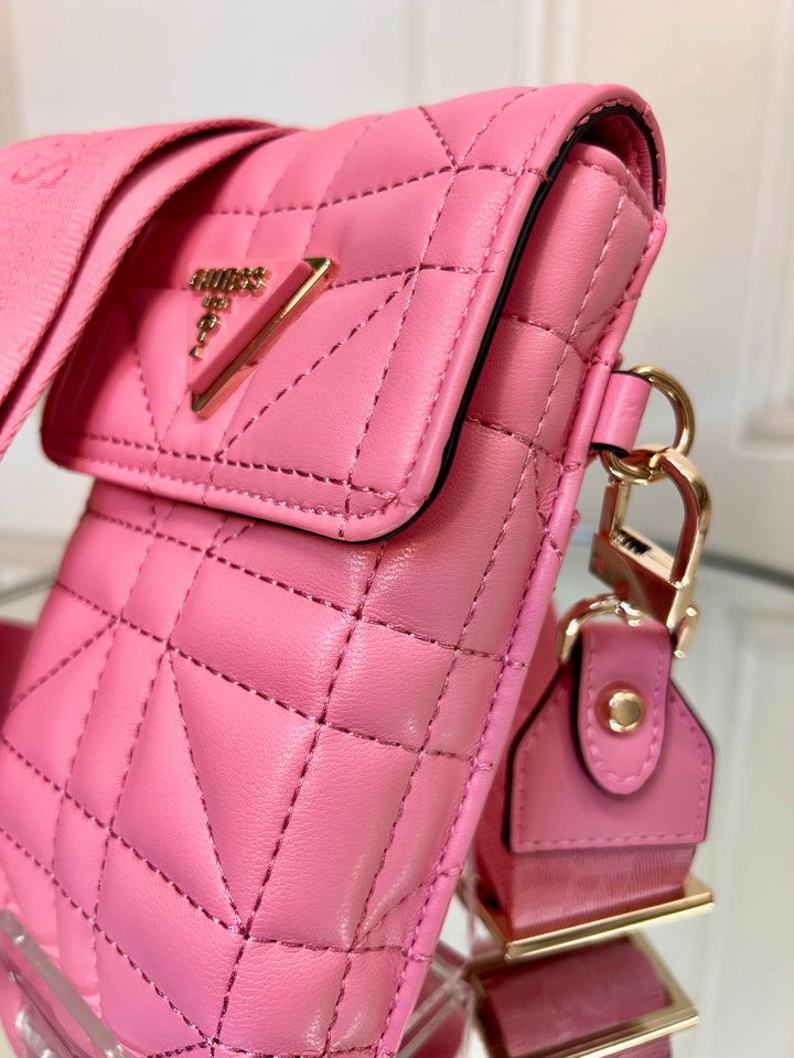 Guess Latona Pink Quilted Chit Chat Crossbody Bag