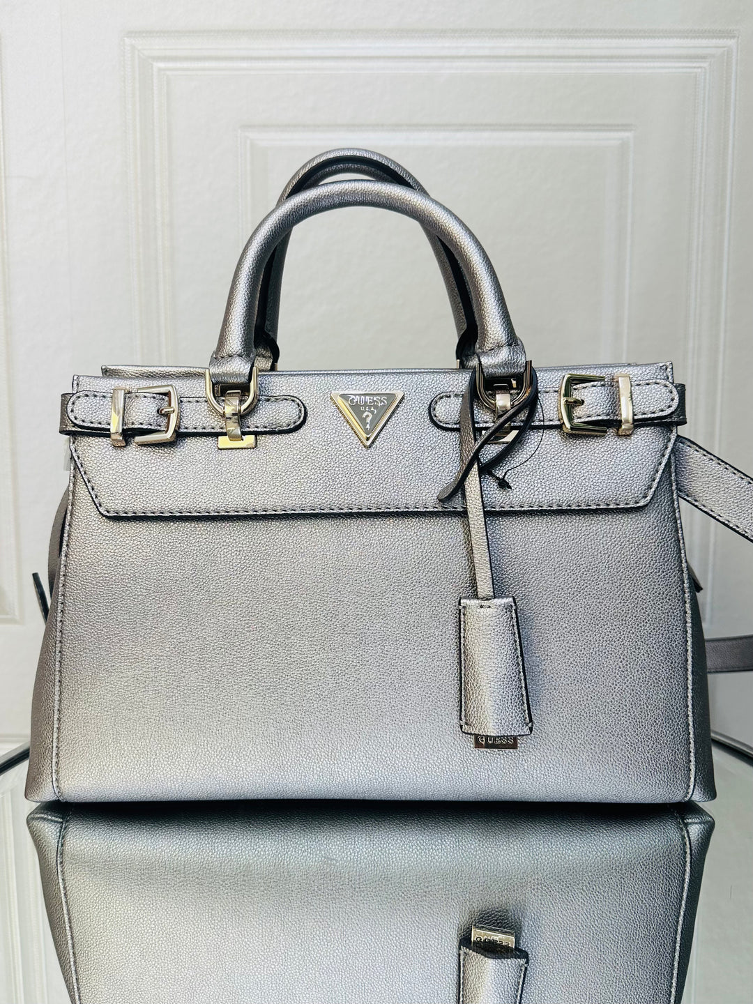 Guess Eco Ali Pewter Laminated Handbag Sitara Morgan Boutique