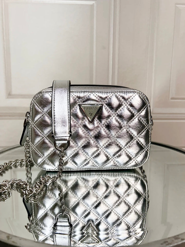 Guess Giully Silver Quilted Mini Camera Crossbody Bag