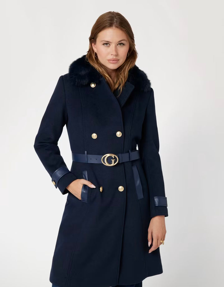 Guess Amelia Navy Faux Fur Collar Coat