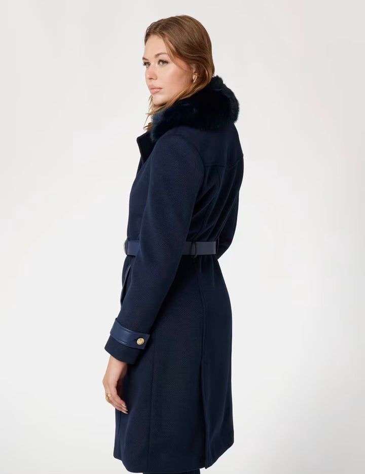 Guess Amelia Navy Faux Fur Collar Coat