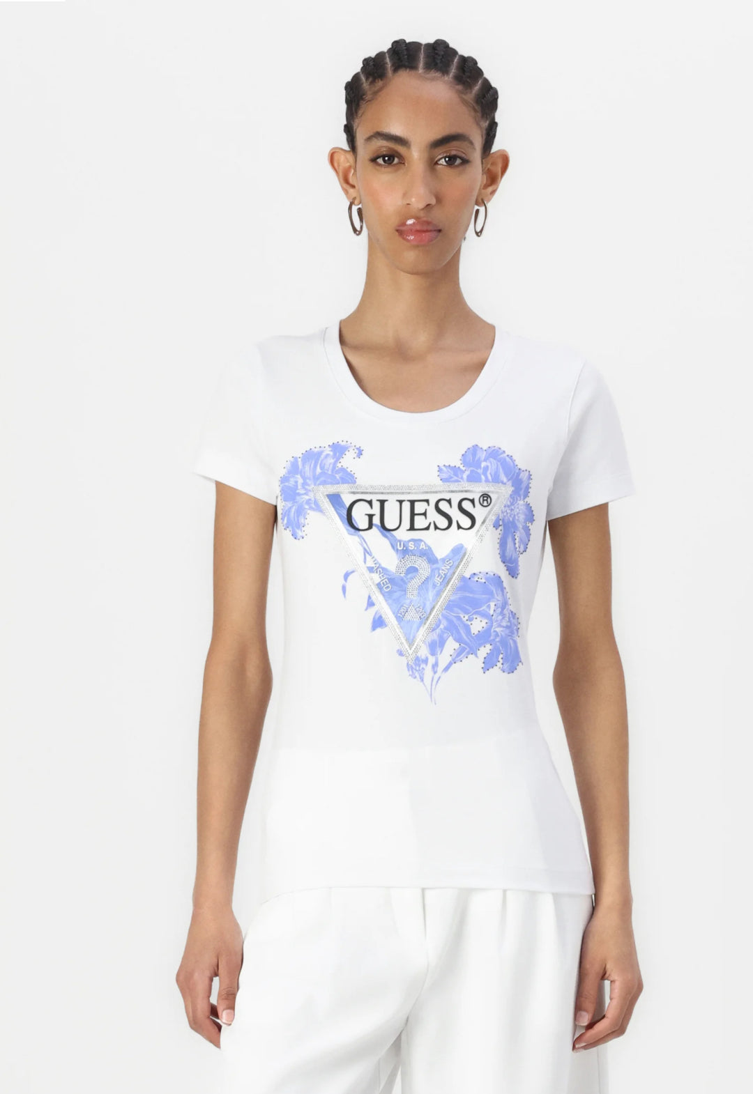 Guess Floral Triangle Beaded Tee Blue