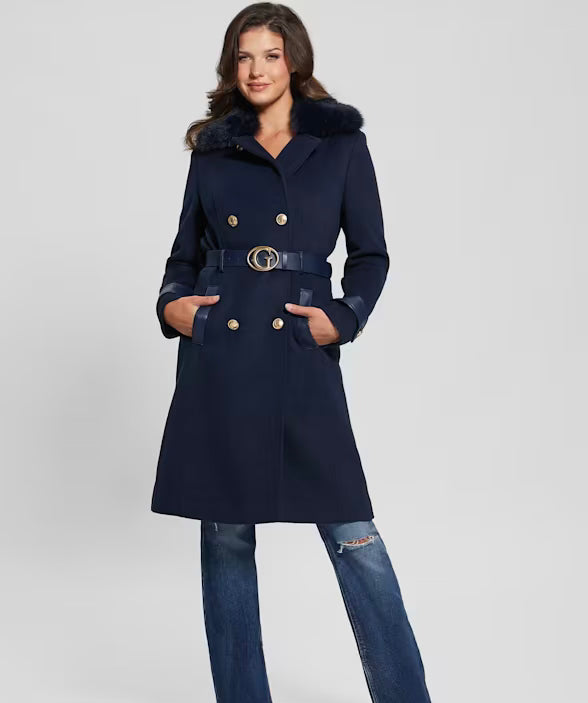 Guess Amelia Navy Faux Fur Collar Coat