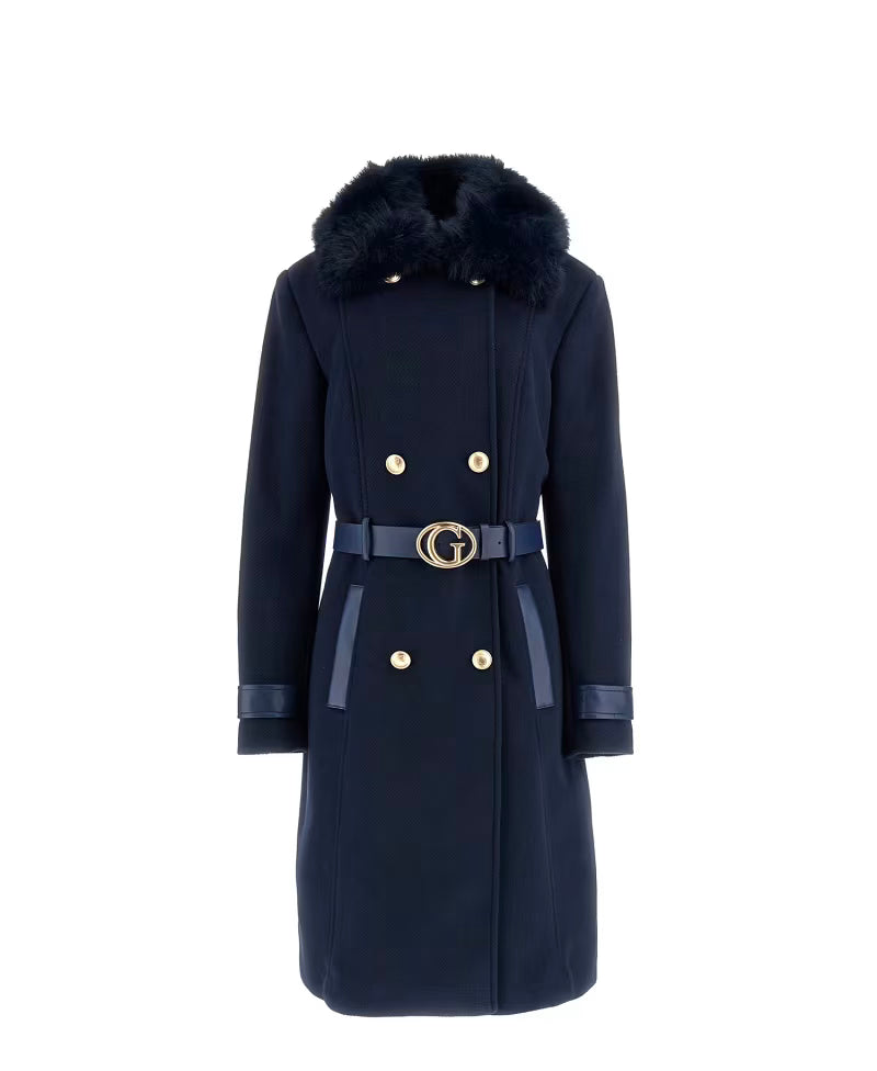 Guess Amelia Navy Faux Fur Collar Coat