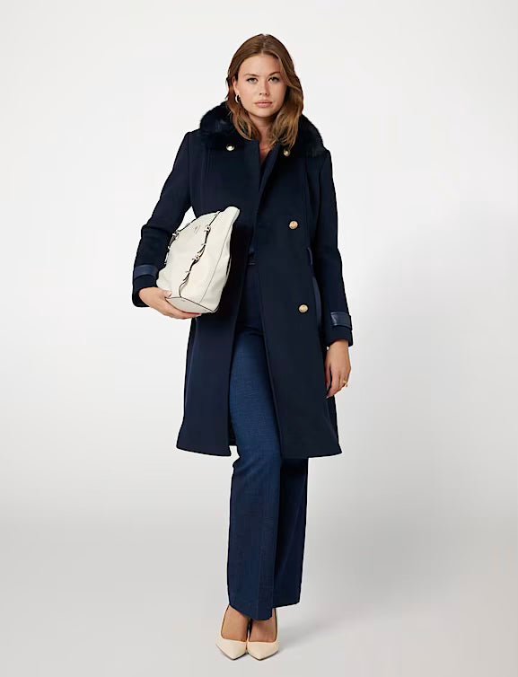 Guess Amelia Navy Faux Fur Collar Coat