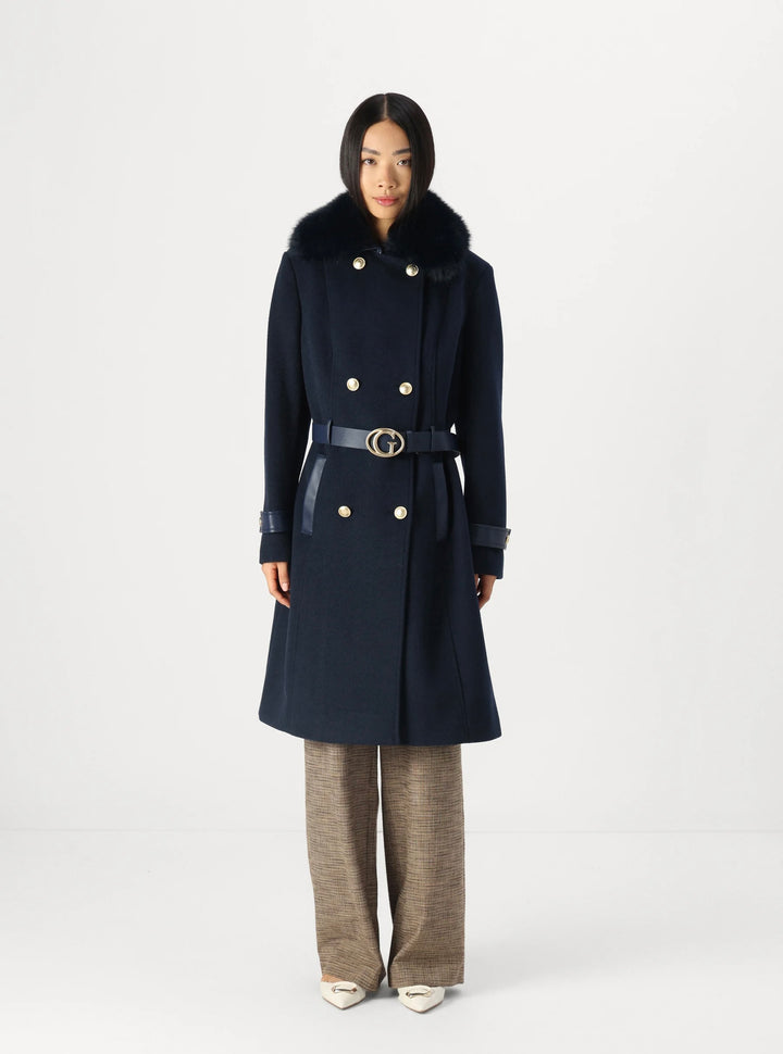 Guess Amelia Navy Faux Fur Collar Coat