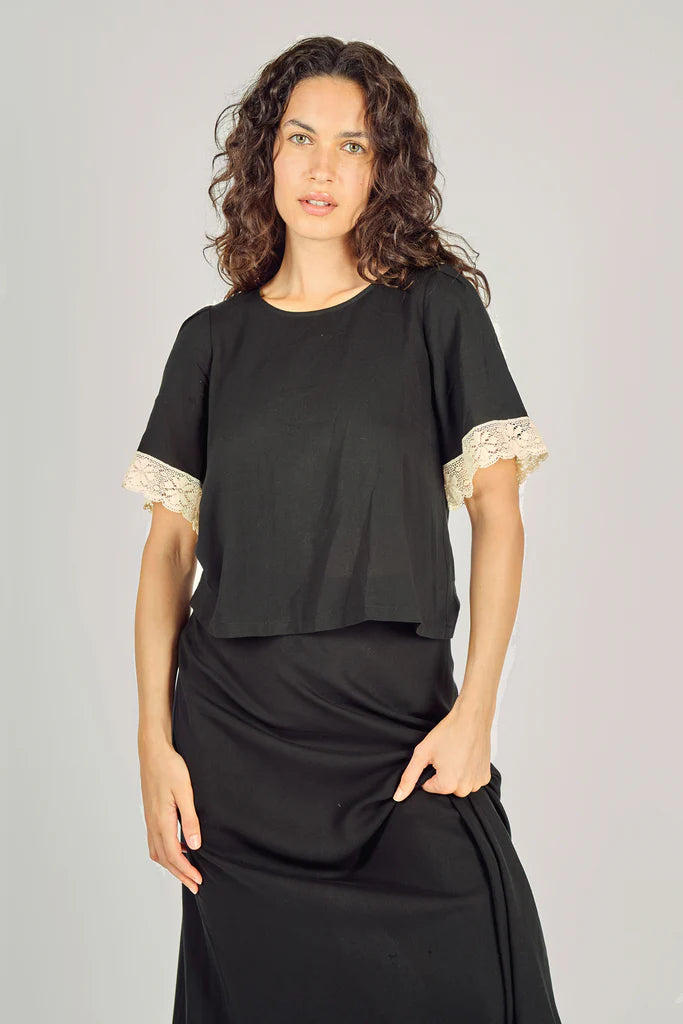 Traffic People Black Cream Lace Top