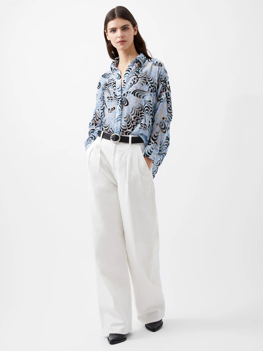 French Connection Diandra Devore V-Neck Button Through Popover Shirt