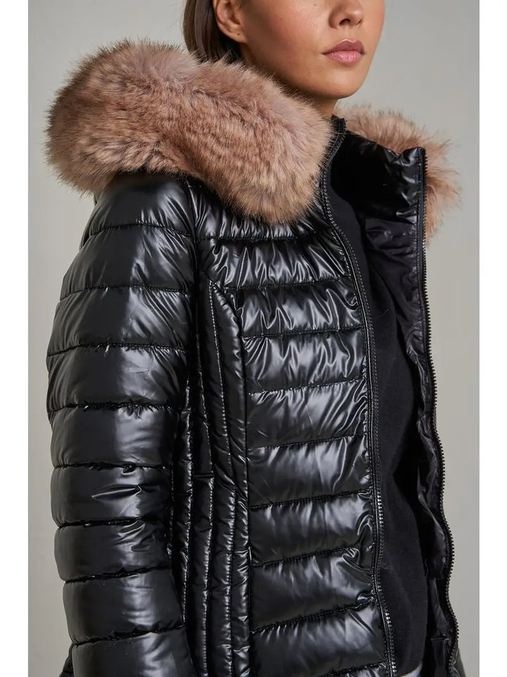 Martha Long Puffer Jacket with Fur On Hood Black