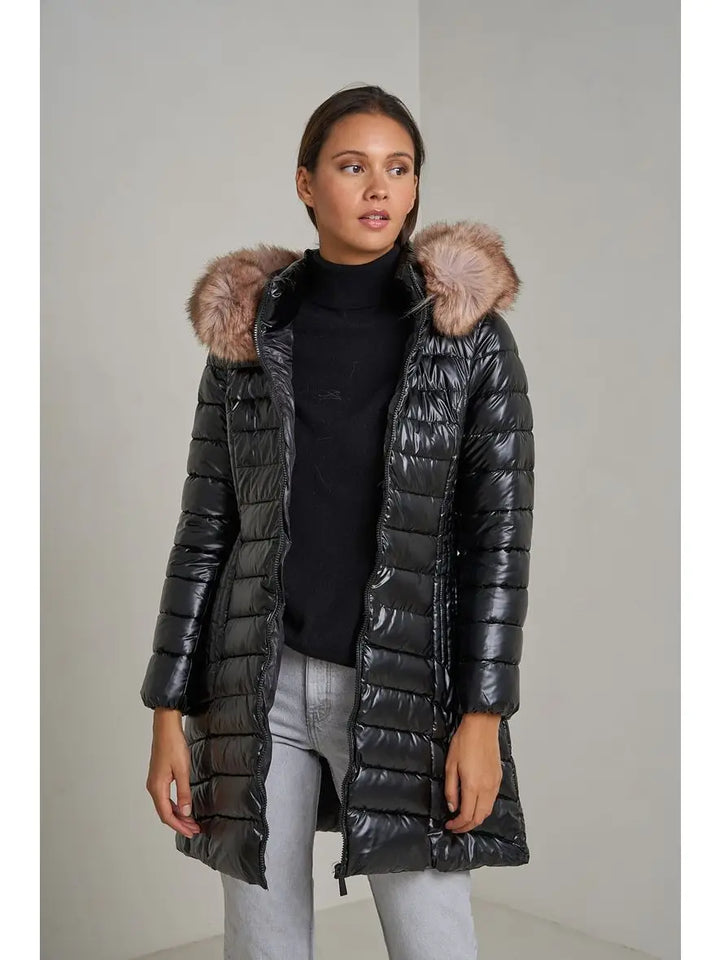 Martha Long Puffer Jacket with Fur On Hood Black