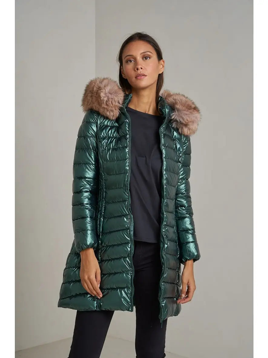 Martha Long Puffer Jacket with Fur On Hood Green